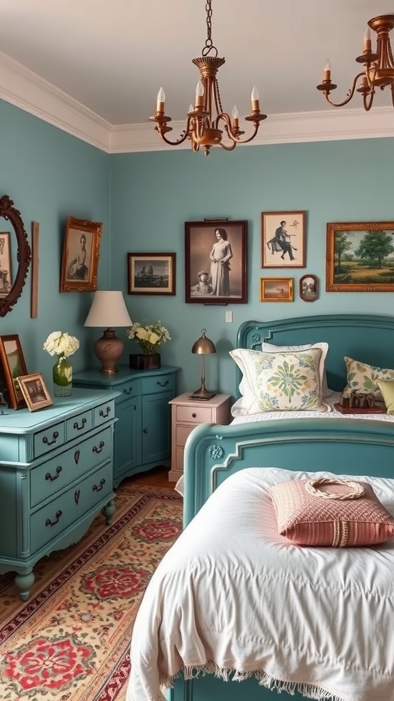 A cozy vintage bedroom featuring teal furniture, floral bedding, and framed artwork on the walls.
