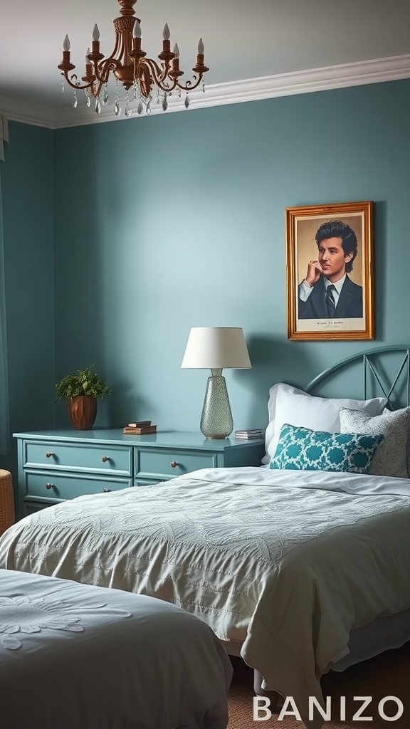 A cozy vintage teal bedroom featuring teal walls, a chandelier, and stylish decor.