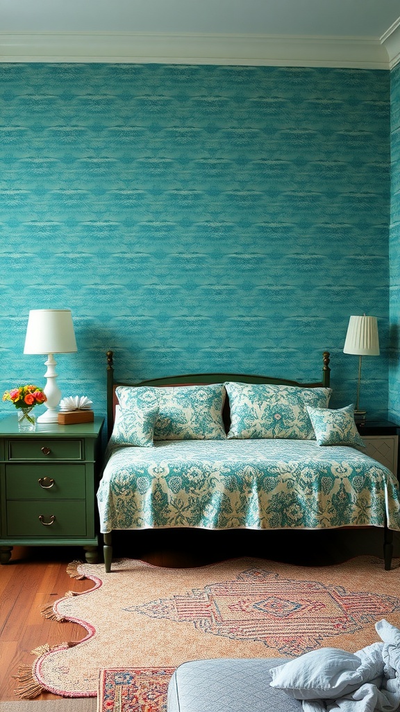 A cozy bedroom with vintage teal wallpaper, a matching teal bedspread, and a warm wooden floor.