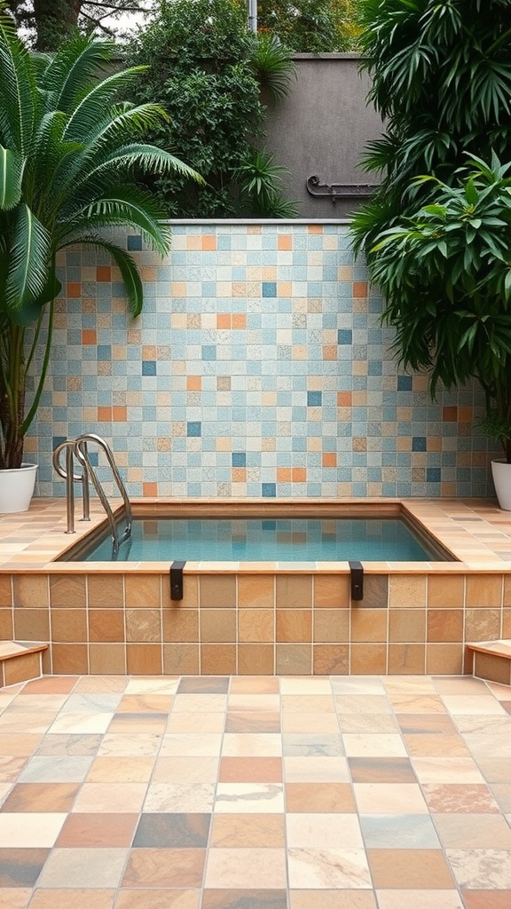 A small pool area with vintage tiles in earthy tones and cool blues, surrounded by lush greenery.