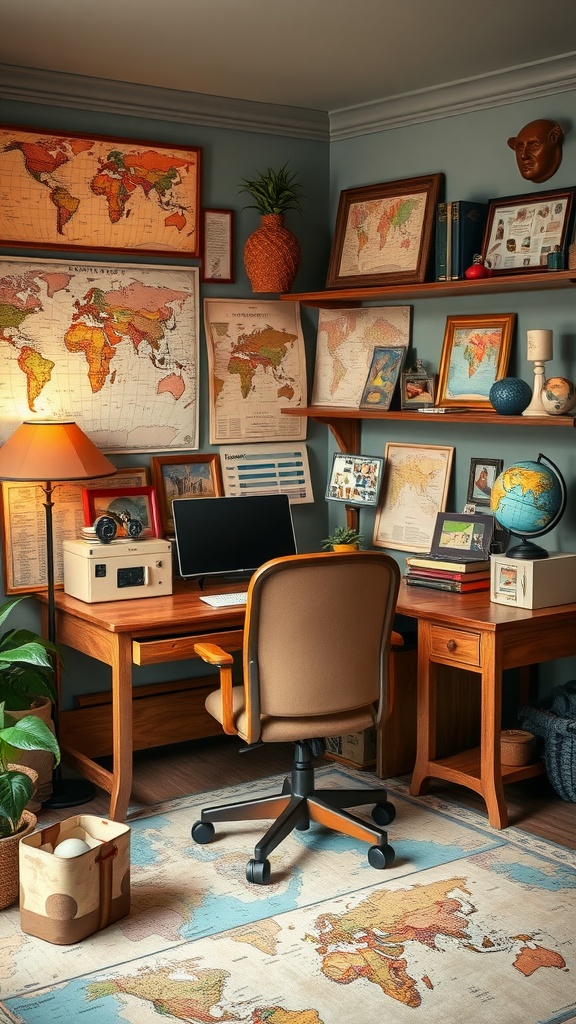 A vintage travel-inspired home office featuring maps on the walls, a wooden desk with a computer, and travel-themed decor.