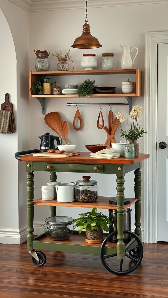 A vintage kitchen trolley with wooden top and green shelves, decorated with kitchen items and plants