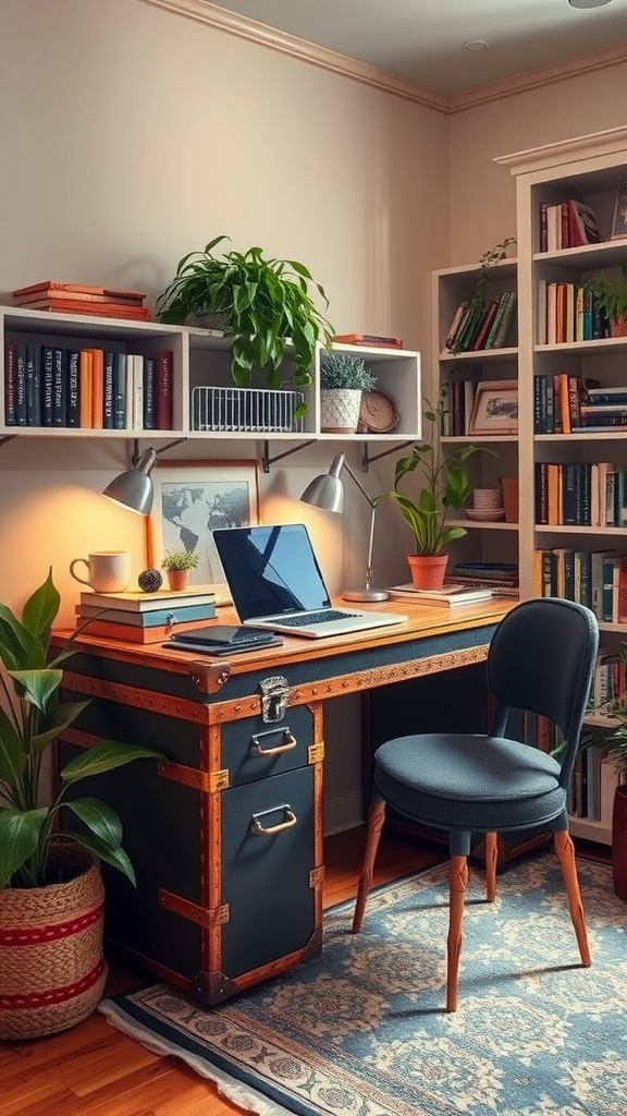 A vintage trunk desk with a laptop and plants in a cozy home office nook