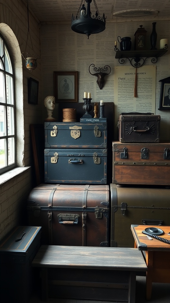 A cozy vintage-inspired corner featuring stacked trunks and chests, showcasing a gothic aesthetic.