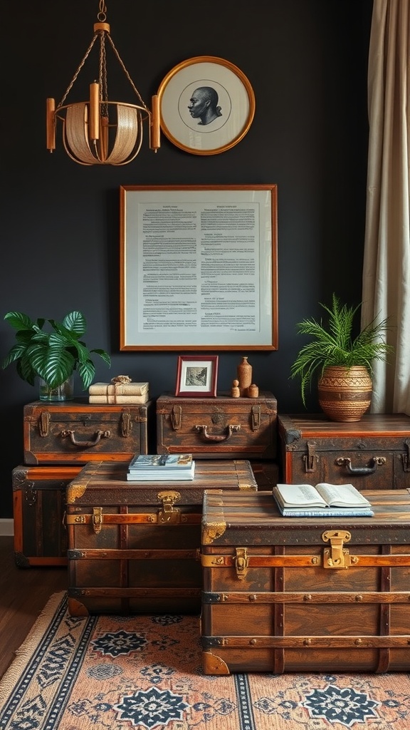 A cozy living room corner featuring vintage storage trunks, plants, and framed artwork.