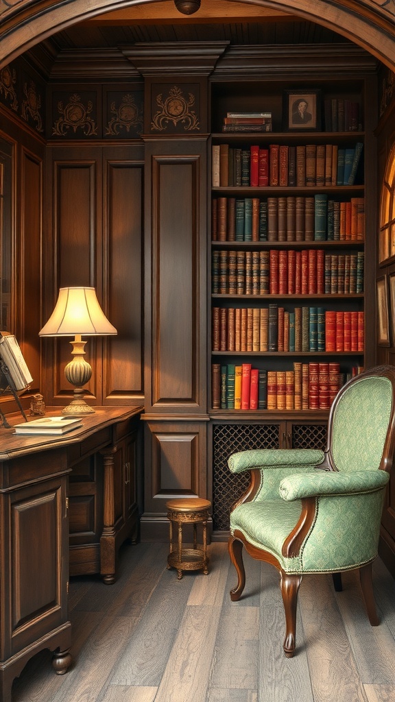 A vintage reading nook featuring antique furniture, dark wooden shelves filled with books, a green upholstered chair, and warm lighting.