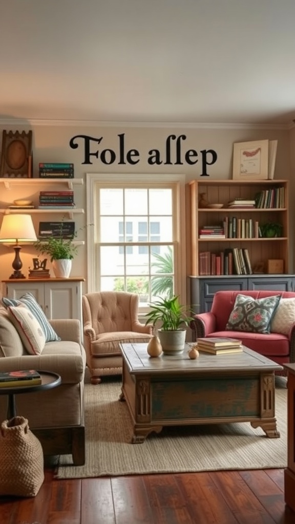 Cozy rustic farmhouse living room featuring vintage furniture and decor