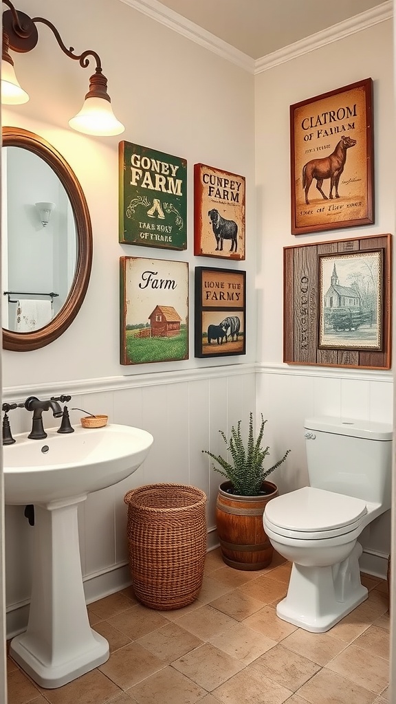A farmhouse bathroom featuring vintage wall art with farm themes, a sink, and potted plants.