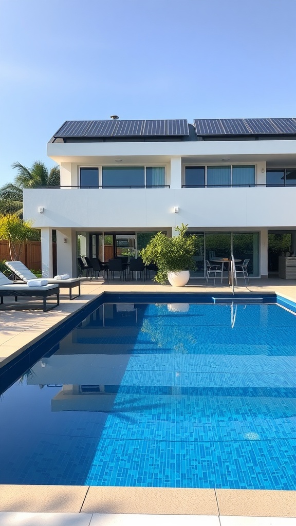 A modern vinyl liner pool with solar panels on the roof and surrounding patio furniture in a sunny backyard.