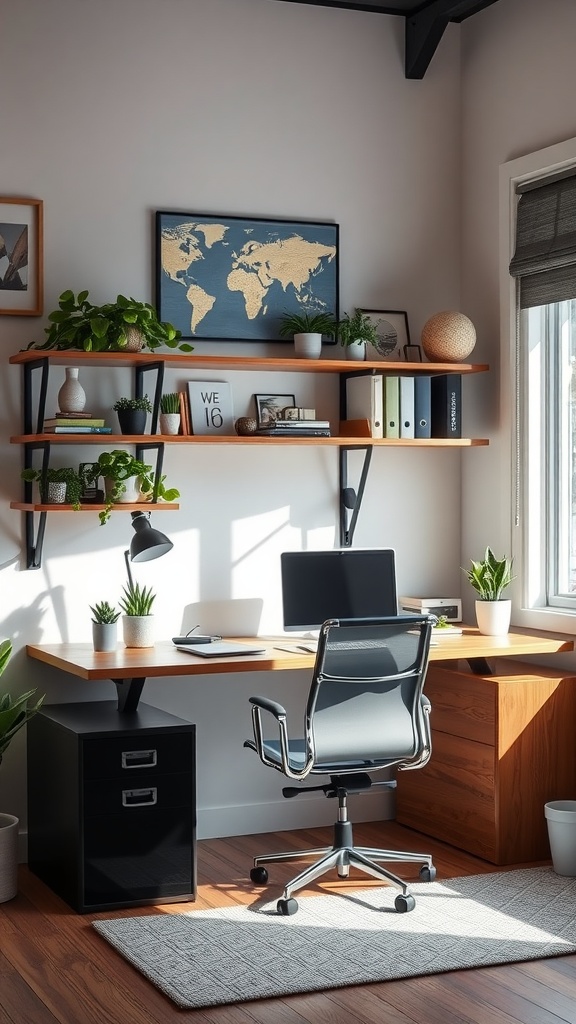 A modern multi-level home office featuring a wooden desk, plants, and a comfortable chair.