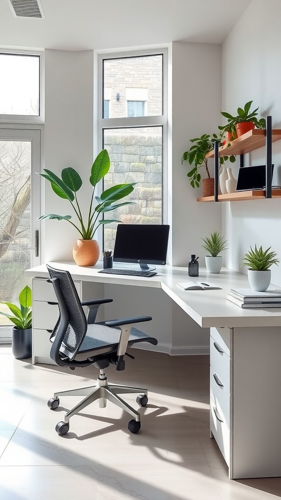 A modern home office with a wall-length counter workspace, featuring plants and a comfortable chair.