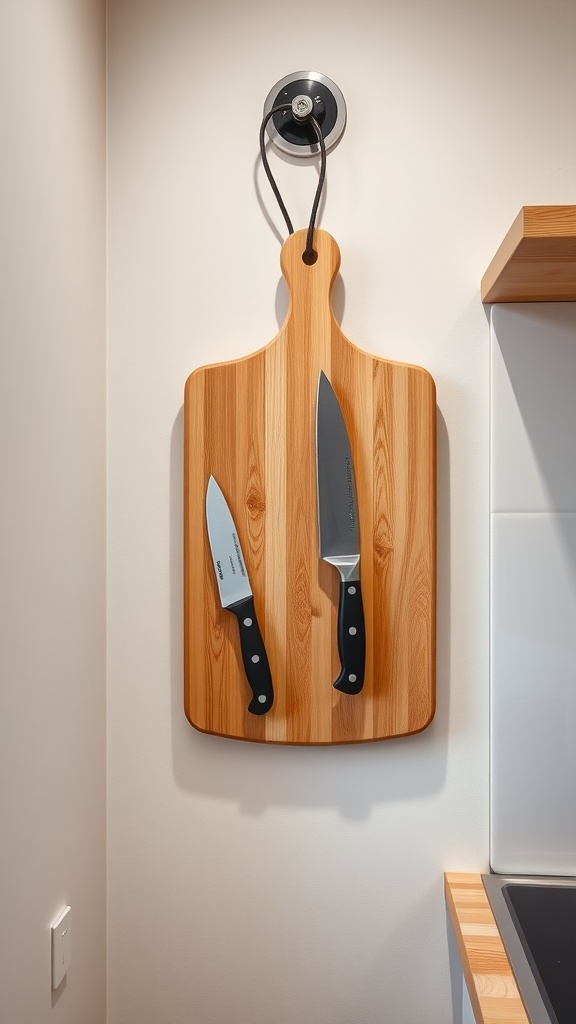 A wall-mounted cutting board with two knives hanging on a wall in a small kitchen.