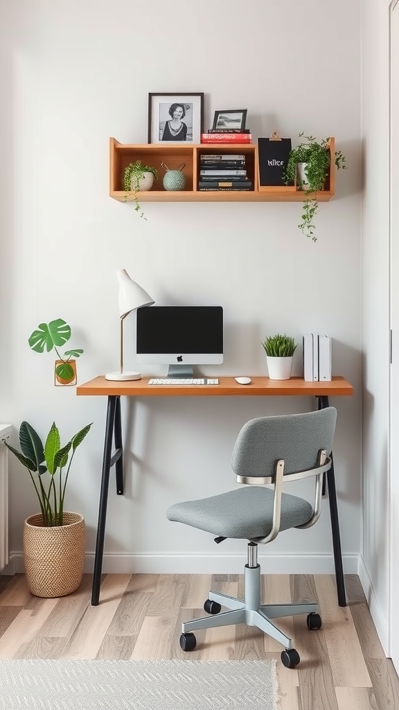 A feminine small home office featuring a wall-mounted desk, modern chair, and decorative shelf with plants and books.