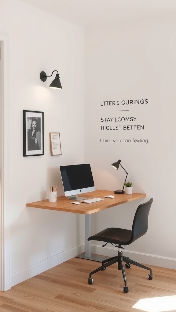 A small, minimalist wall-mounted desk setup featuring a computer, lamp, and plant in a bright room.