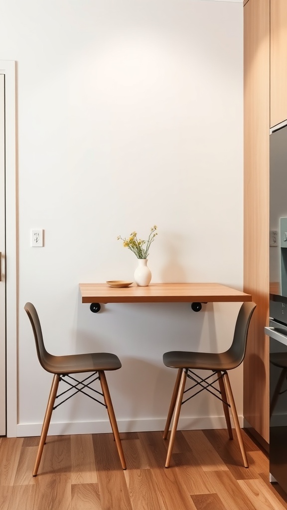 A wall-mounted fold-down table with two chairs in a modern kitchen setting