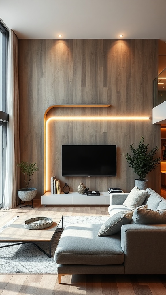 Living room featuring wall-mounted LED strip lights illuminating a wooden wall, with a modern couch and coffee table.