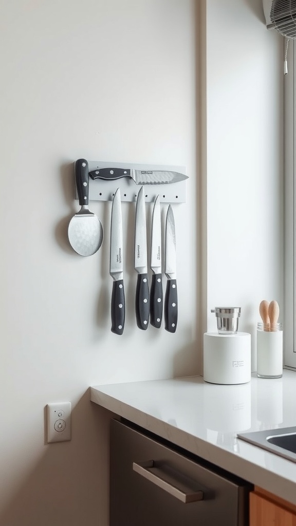 A wall-mounted magnetic knife strip with several knives, two wall clocks, a herb plant, and a neat kitchen setup