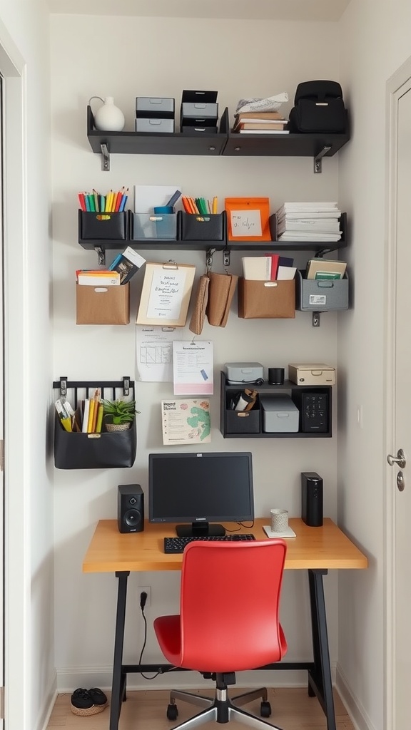 A compact home office with wall-mounted organizers, colorful storage bins, and a computer desk.