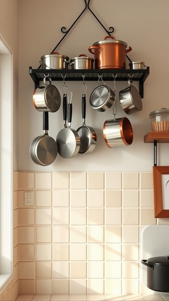 Wall-mounted pot rack displaying various pots and pans in a small kitchen