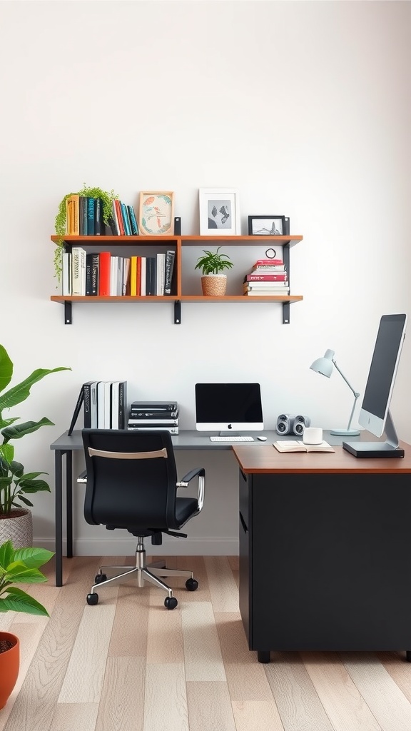 A modern office setup featuring wall-mounted shelves with books and plants, a desk with a computer, and a black office chair.