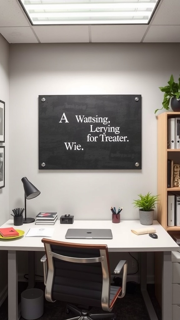 A small home office with a black wall art piece featuring text, a desk with a laptop, and a potted plant.