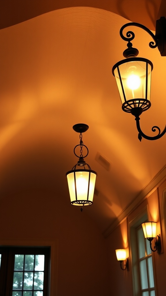 Wall lights and sconces illuminating a vaulted ceiling