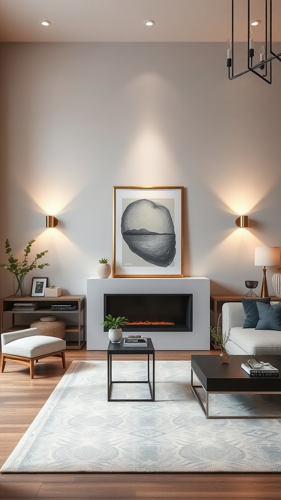 Modern living room featuring wall sconces, artwork, and a cozy seating arrangement.