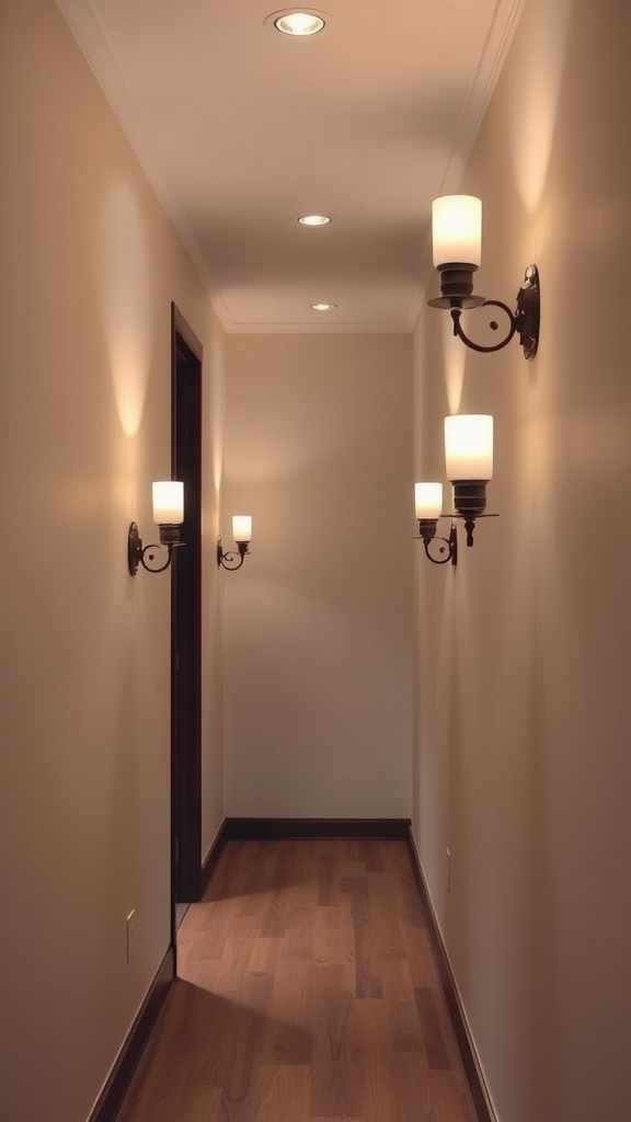 A well-lit hallway featuring wall sconces and recessed lighting