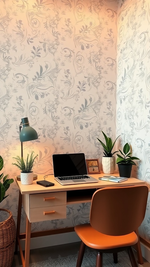 Cozy desk setup with floral wallpaper, wooden desk, lamp, laptop, and plants.