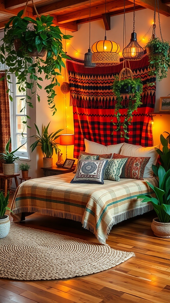 A cozy bohemian bedroom with warm amber lighting, a plaid blanket, colorful cushions, hanging plants, and a woven rug.