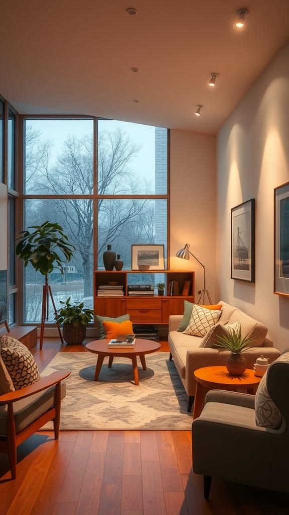 Cozy Mid-Century Modern living room with large windows, wooden flooring, and inviting furniture