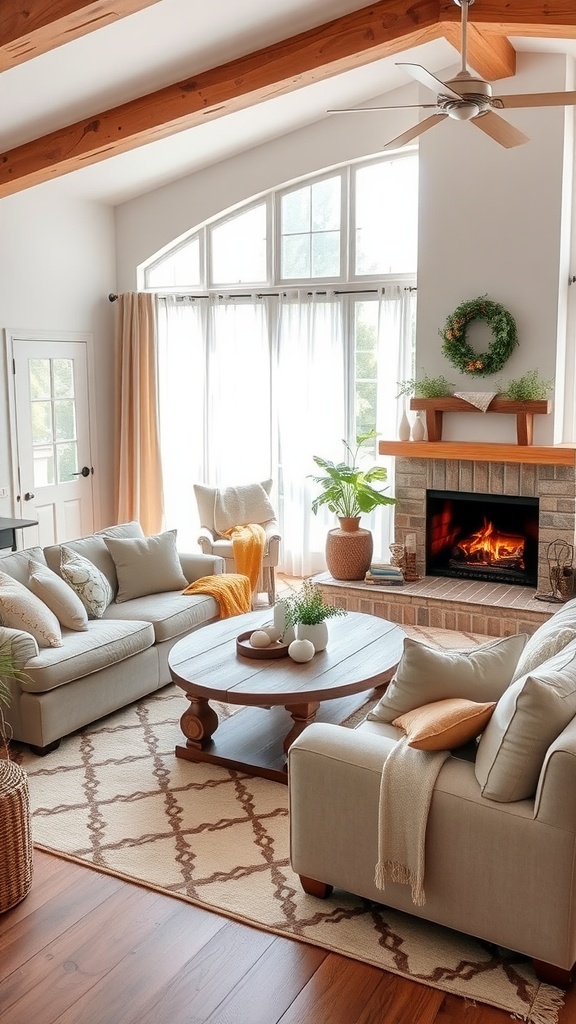 A warm and inviting farmhouse living room featuring cozy sofas, a fireplace, and bright natural light.