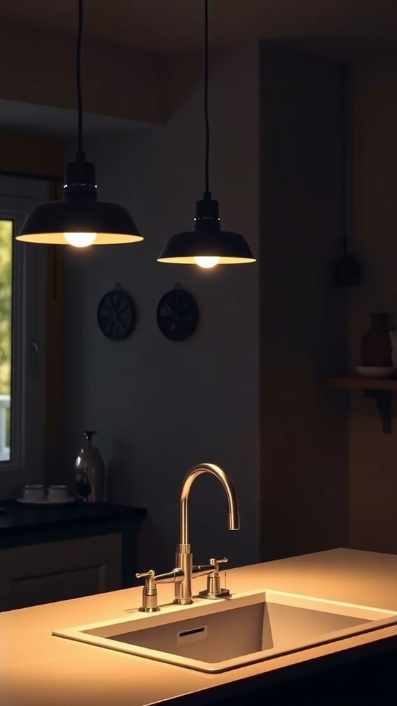 Two pendant lights hanging above a kitchen sink, illuminating the countertop