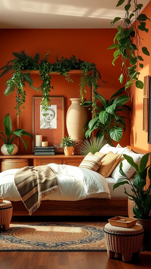 A cozy bedroom featuring terracotta walls with green plants, a comfortable bed, and woven decor elements.