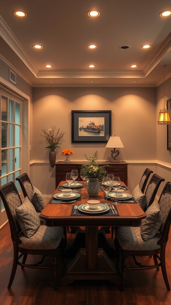A traditional dining room with recessed lighting, wooden table, and elegant table setting.