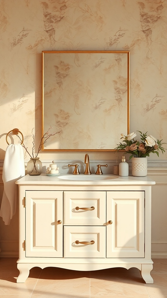 A warm beige bathroom vanity with golden accents and floral decor.