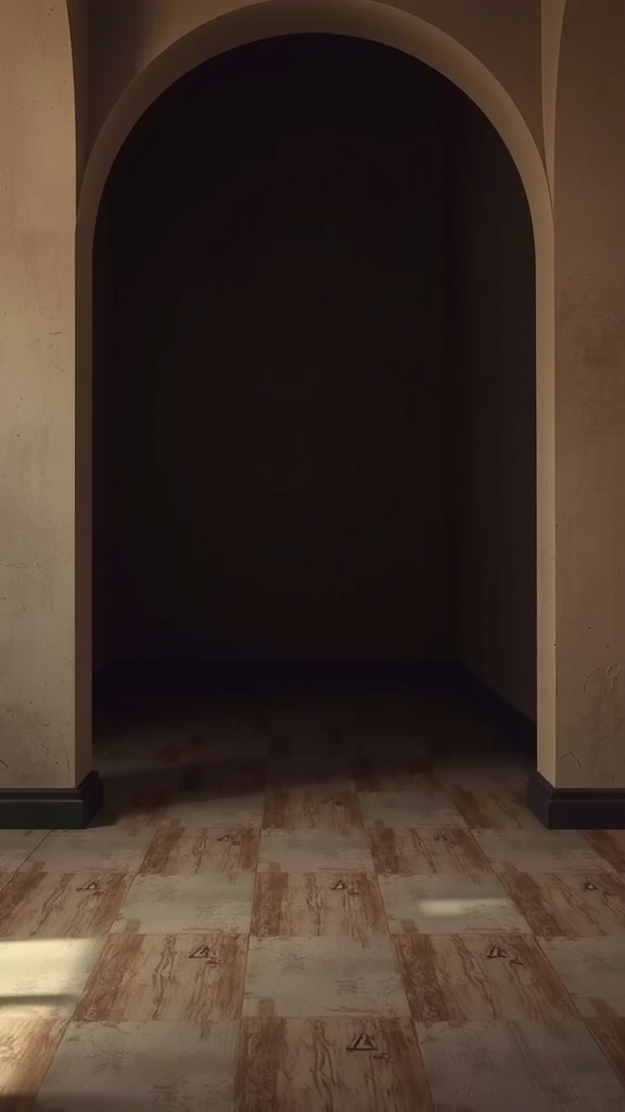 An elegant archway in a dark room painted in warm beige, creating a cozy atmosphere.