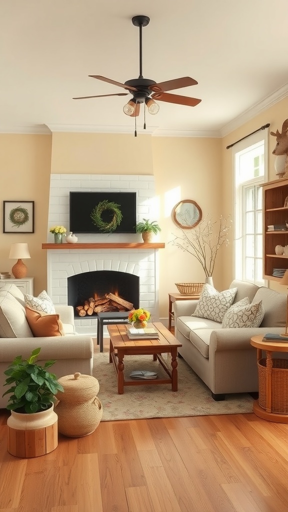 A cozy living room featuring warm cream walls, a white fireplace, and comfortable furniture