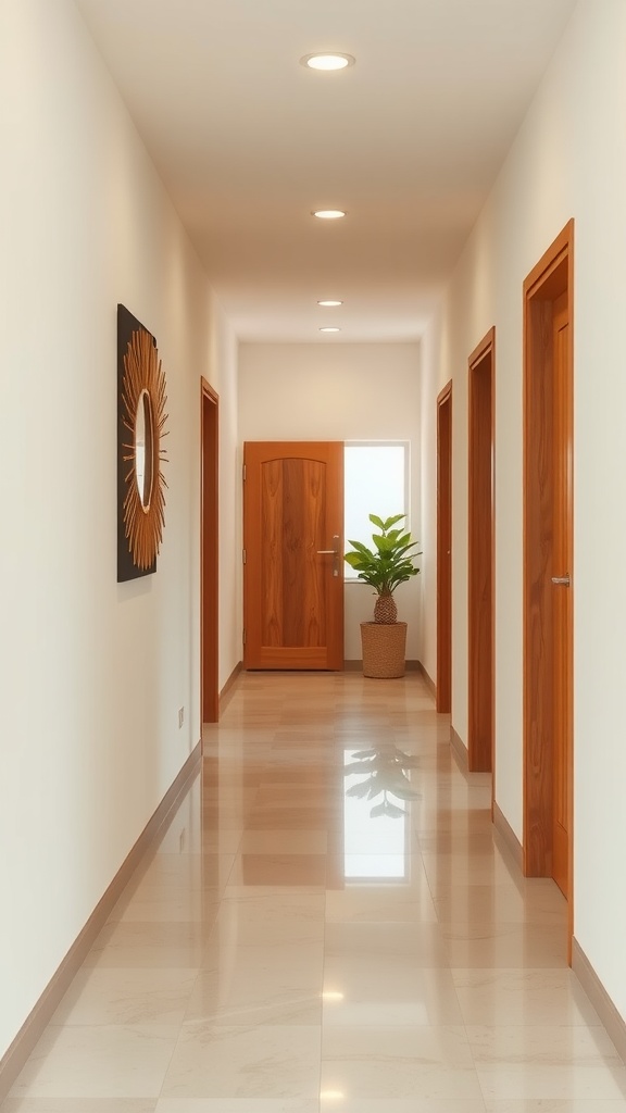 A bright hallway featuring warm creamy white walls, wooden doors, and a plant.