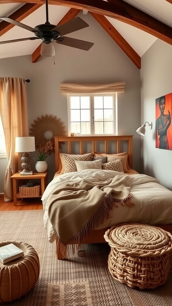 A cozy bedroom featuring warm earth tones, layered bedding, and natural light.