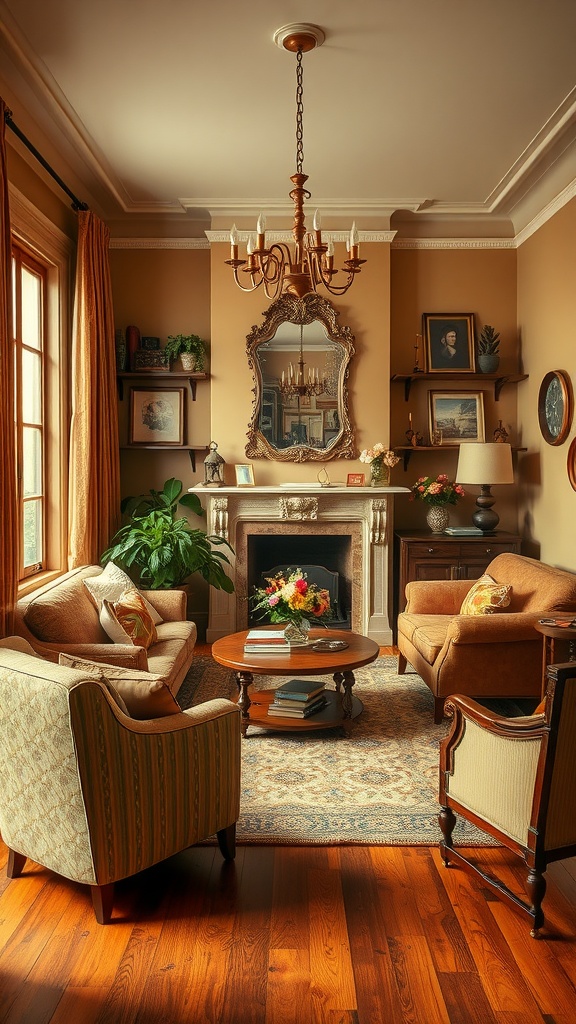 A cozy living room featuring warm earthy colors, elegant furniture, and classic decor elements.