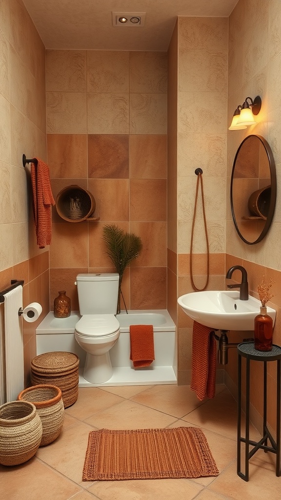 A bathroom featuring warm earthy tones with terracotta tiles, woven baskets, and orange accents.