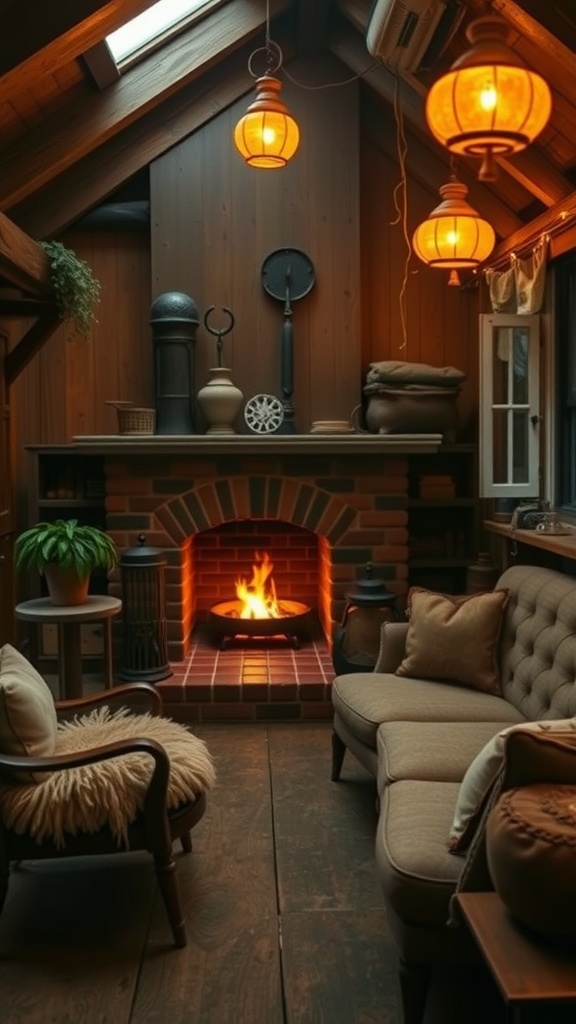 Cozy interior with a fireplace, rustic wooden walls, and warm lighting.