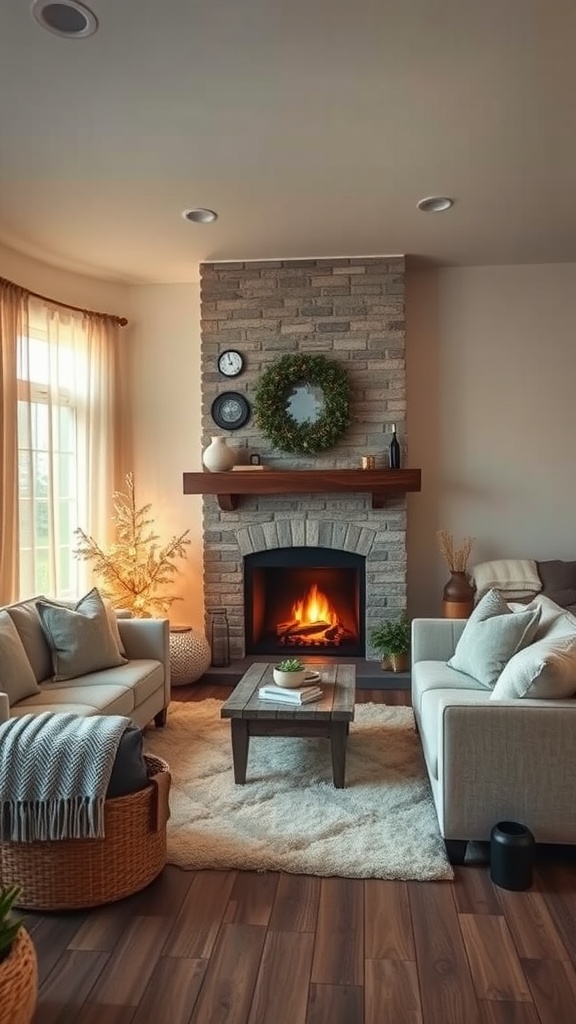 A cozy living room with a fireplace, two sofas, a coffee table, and warm lighting.