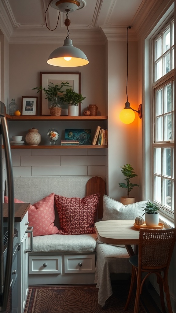 Cozy kitchen nook with warm lighting, cushions, and plants.