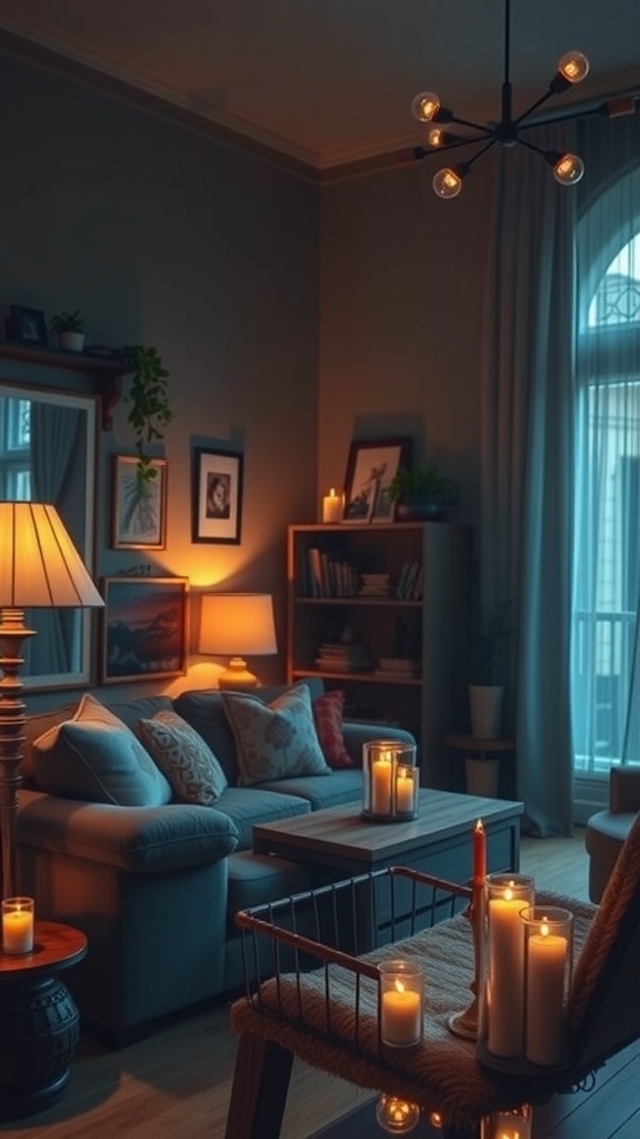 A cozy living room with warm lighting fixtures, including a floor lamp and chandelier, surrounded by candles.