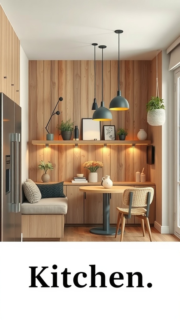 Cozy kitchen nook with warm wooden tones and stylish decor