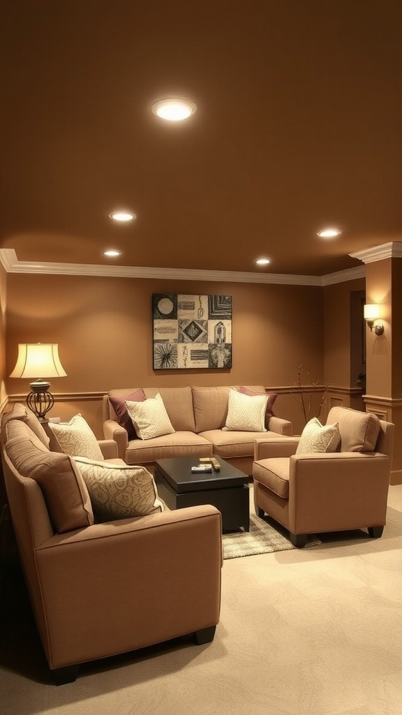 A stylish basement with warm taupe walls, comfortable furniture, and soft lighting.