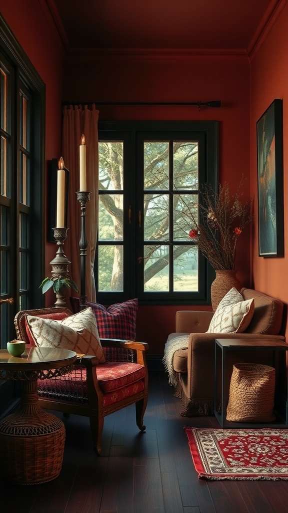 A cozy corner in a dark room painted in warm terracotta, featuring a comfortable seating area and natural light.