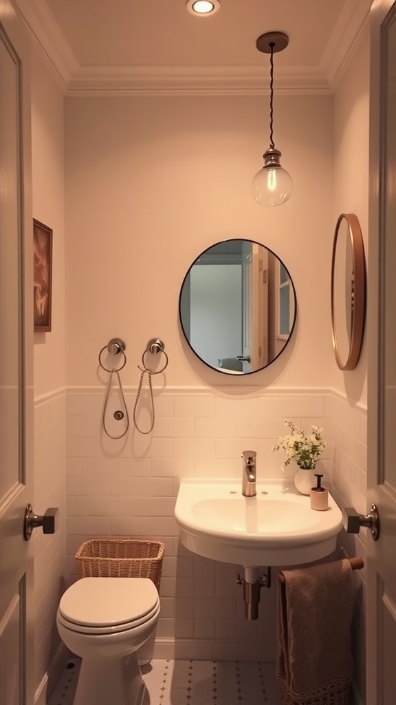 A small bathroom featuring warm white walls, a round mirror, and stylish fixtures.